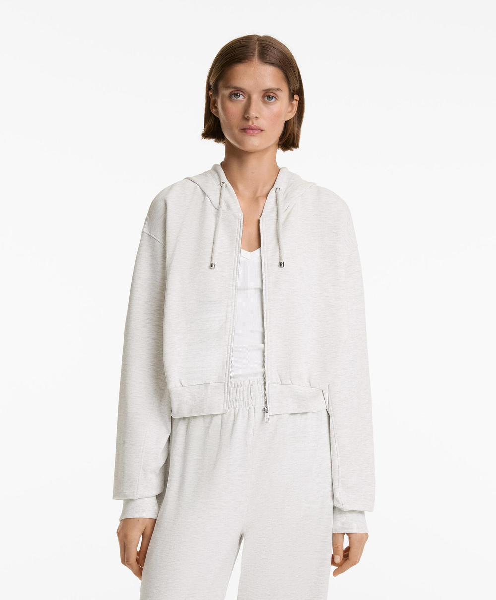 Oysho Толстовка укороченная с капюшоном и отделкой в ​​рубчик из хлопка и модала, бледно-серый меланж