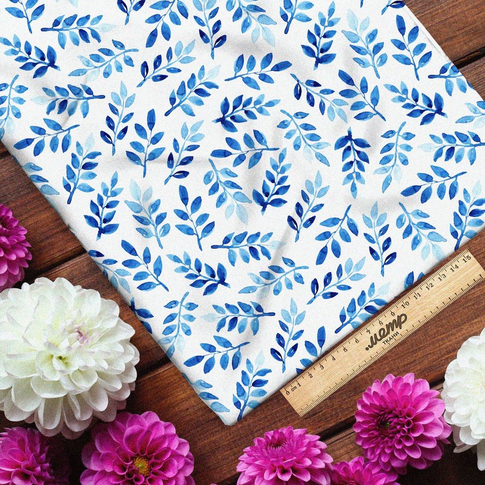 Ткань оксфорд 210 акварельные синие листочки