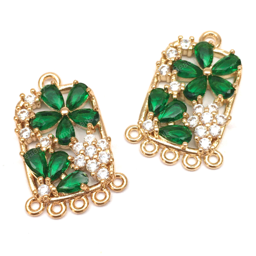 Коннектор - разделитель на 5 нитей с зелеными фианитами 24х16 мм, позолота