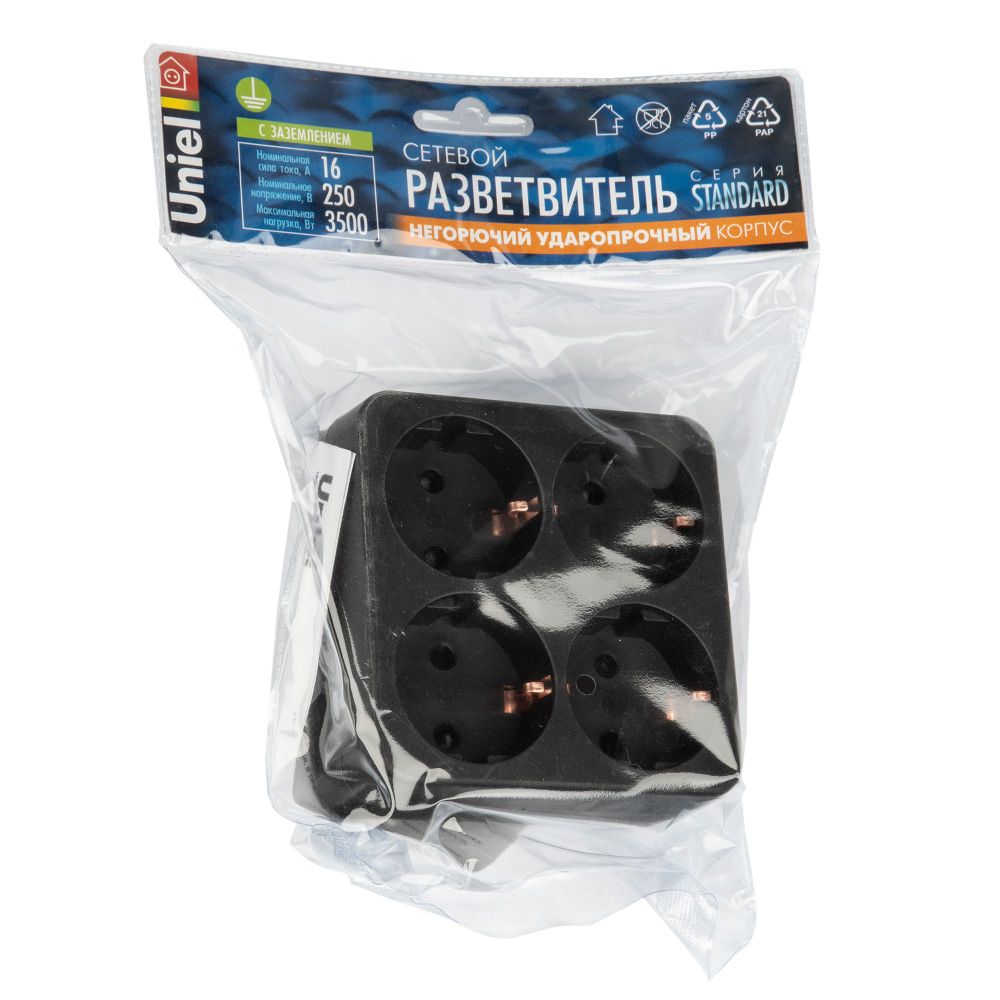S-GES4-16S BLACK Разветвитель сетевой. с-з. 4 гнезда. 16А. 3500Вт. Черный. ТМ Uniel