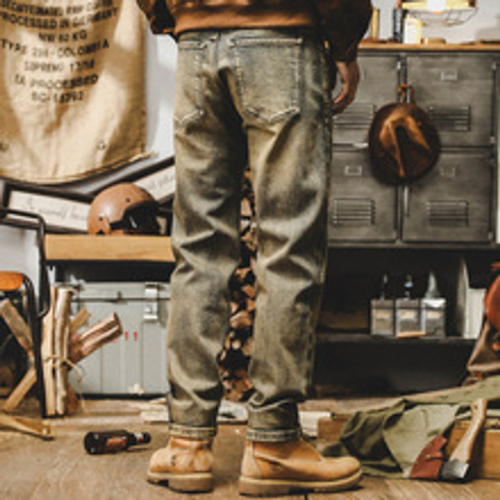 Джинсы мужские в американском стиле желтая ретро потертость