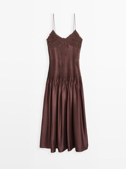 Massimo Dutti Платье миди из струящегося атласа с бретелями, бургундский