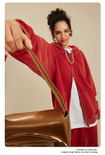 Женский американский модный брендовый костюм с эффектом потёртости и капюшоном,бархатная толстовка с двойной молнией