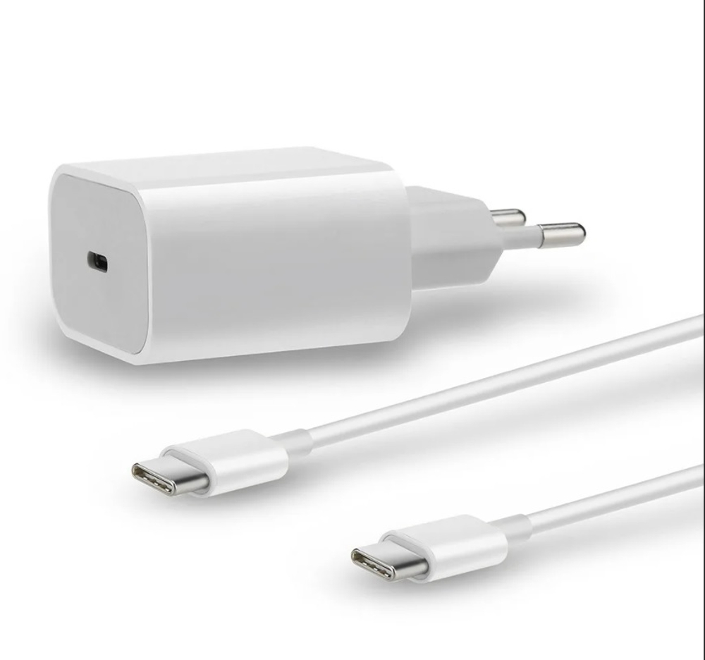 Сетевой адаптер питания USB-C 20W + кабель Type-C-Type-C 15 Pro Max с лого (белый)