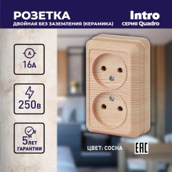 Розетка Intro Quadro 2-203-11 двойная без заземления 2х2P, 16А-250В, IP20, ОУ, сосна