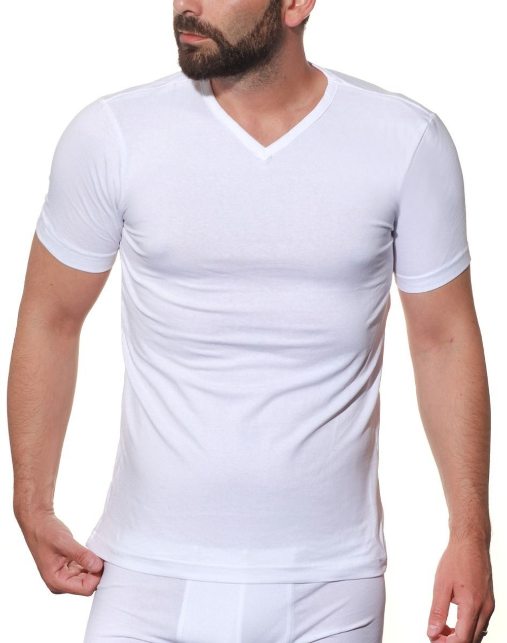 Мужская хлопковая футболка с V-образным вырезом горловины (Размер: M) (Цвет: белый)