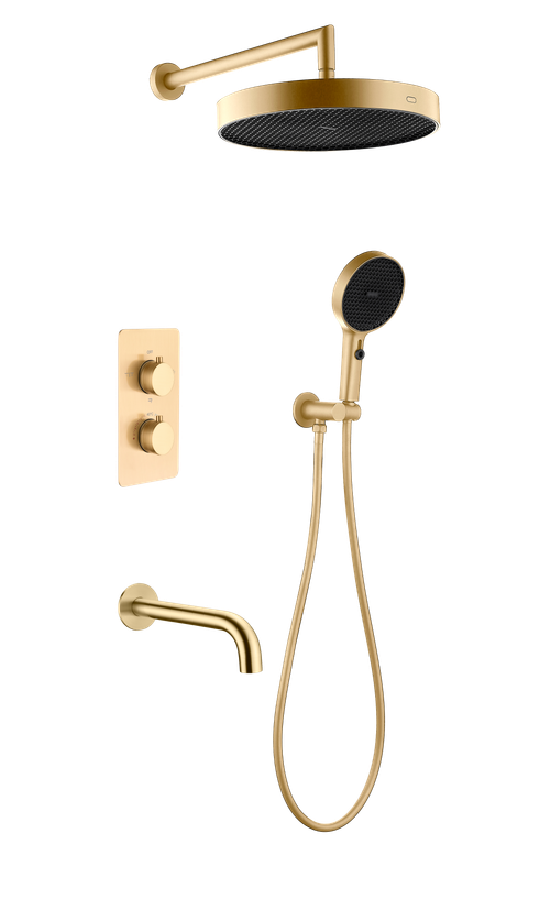 Boheme Комплект для душа CELL, лейка верхняя+ручная, излив, встраиваемый смеситель с термостатом MATT GOLD
