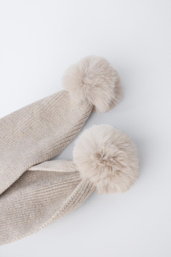 ZARA ТРИКОТАЖНЫЙ ШАРФ С ПОМПОНОМ, ПЕСОЧНЫЙ