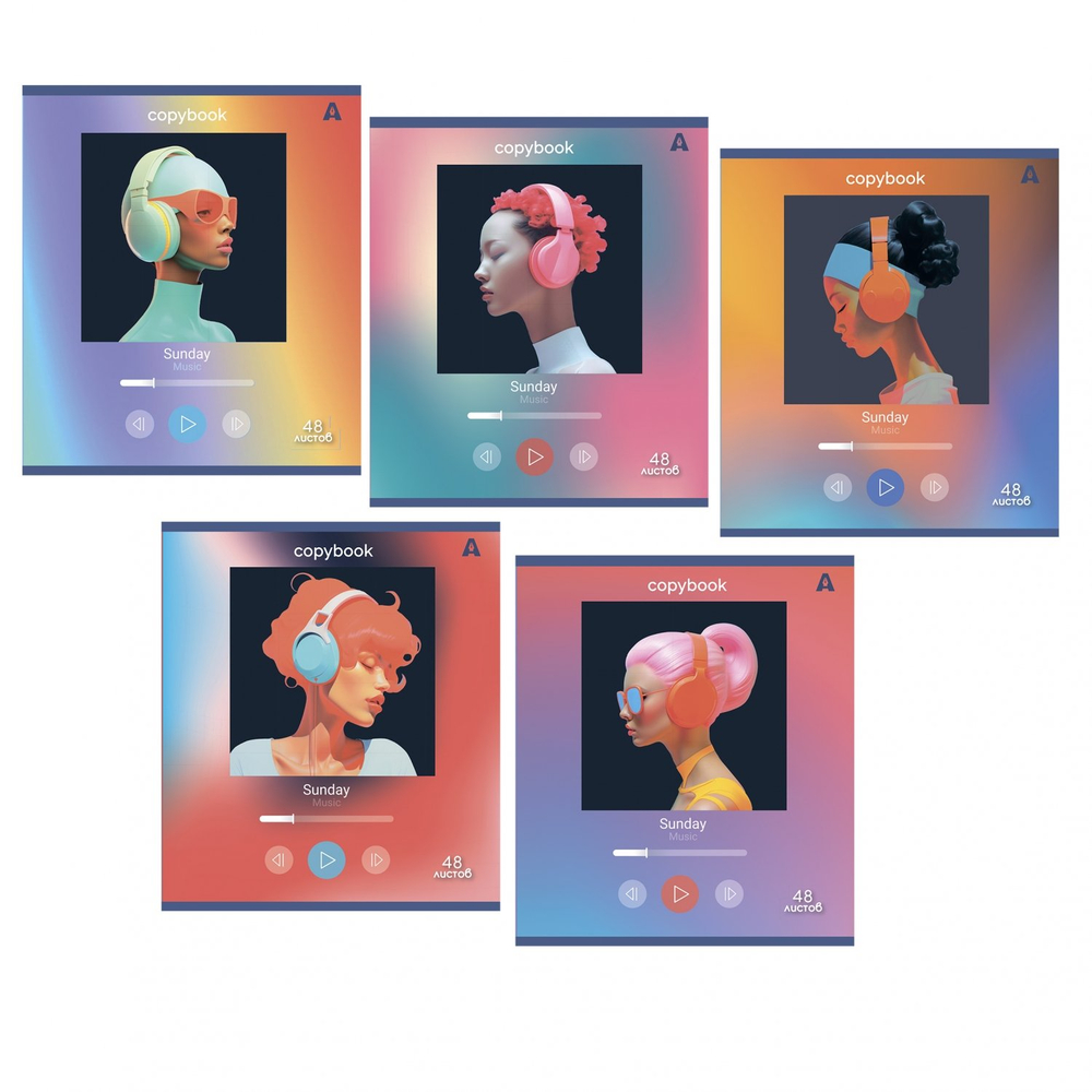 Тетрадь 48л, А5, клетка, Alingar, "Listen to music ", скрепка,мелованный картон (стандарт), выб УФ лак, блок офсет, 5 дизайнов в пленке т/у