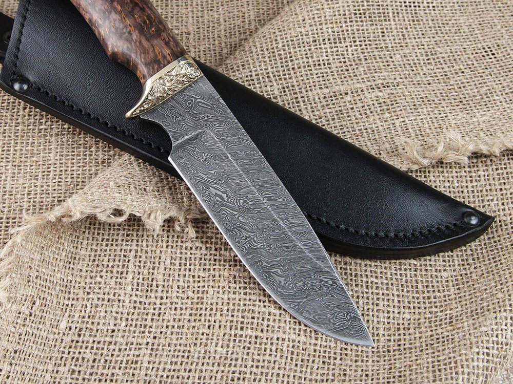 Нож "Медведь", дамасская сталь, рукоять стабилизированная карельская береза