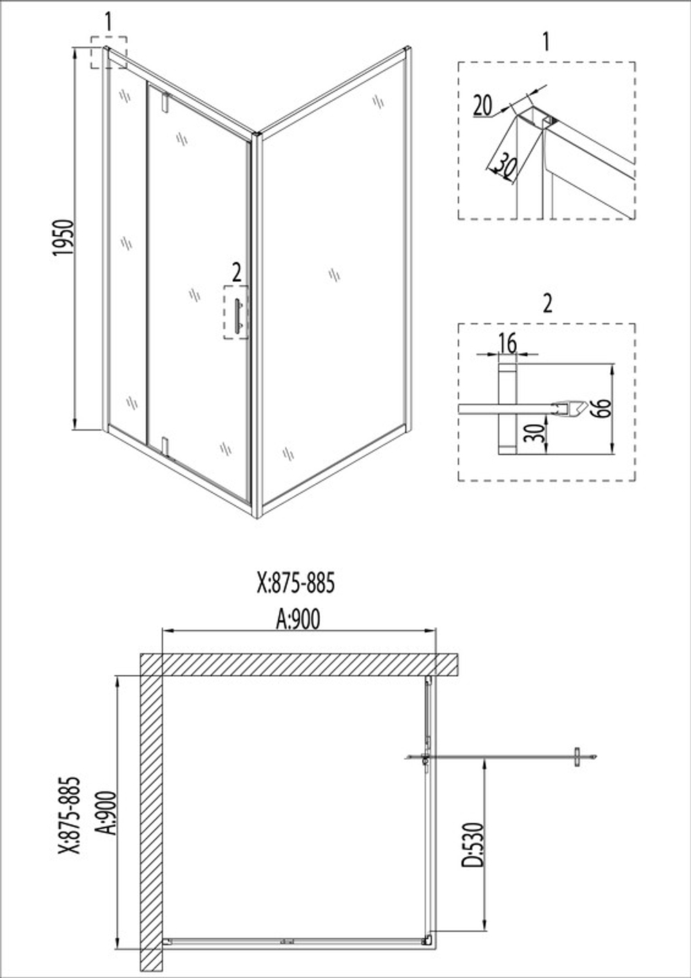 Душевое ограждение Niagara Nova NG-6801-08ВLACK (90х90х195) квадрат,черный,дверь распашная,стекло прозрачное,1 место