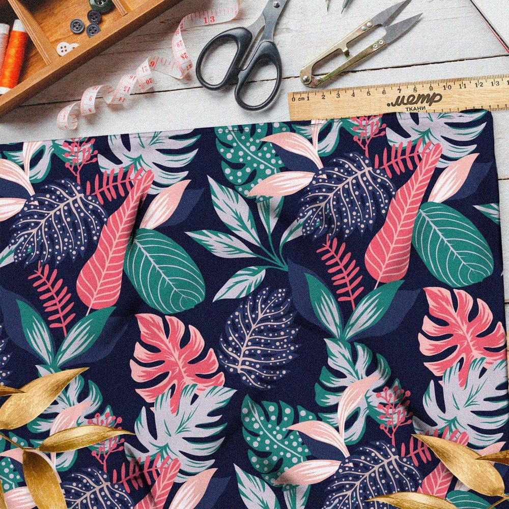 Ткань флис яркие листья монстеры