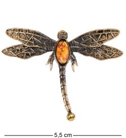 AM- 951 Брошь «Стрекоза со стразом» (латунь, янтарь)