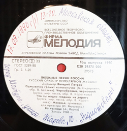 Винтажная виниловая пластинка LP Русский Оркестр Популярной Музыки Любимые Песни России (СССР 1990)