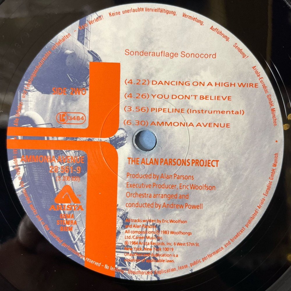 Винтажная виниловая пластинка LP The Alan Parsons Project Ammonia Avenue (Germany 1984) One Good Reason