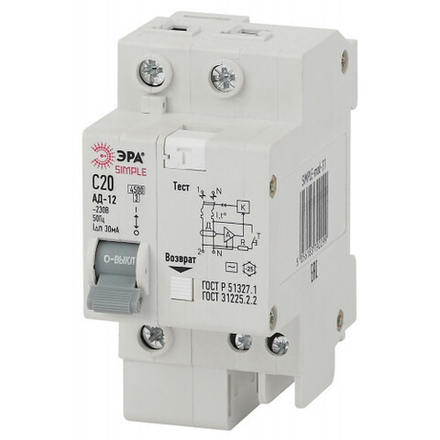 SIMPLE-mod-30 ЭРА SIMPLE Автоматический выключатель дифференциального тока 1P+N 20А 30мА тип АС х-ка