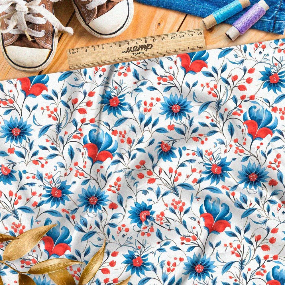 Ткань премиум таффета фантазийные васильки