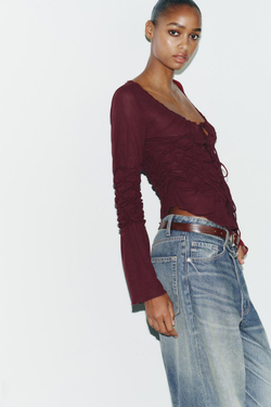 ZARA ТОП С ЗАВЯЗКАМИ И ЭЛАСТИЧНЫМИ СБОРКАМИ, ГРАНАТОВЫЙ