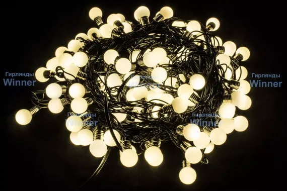 Светодиодная нить мини-лампочки 10 м., 220V, 100 теплых белых LED ламп, диаметр 1.6 см, зеленый провод, Winner (ww.01.5G.100-1,6ball)