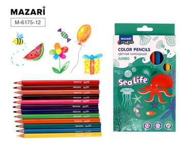 Карандаши 12 цв. (MAZARI) деревянные SEA LIFE, Jumbo, трехгранный корпус, d грифеля = 4 мм, картонная упаковка с европодвесом M-6175 -12