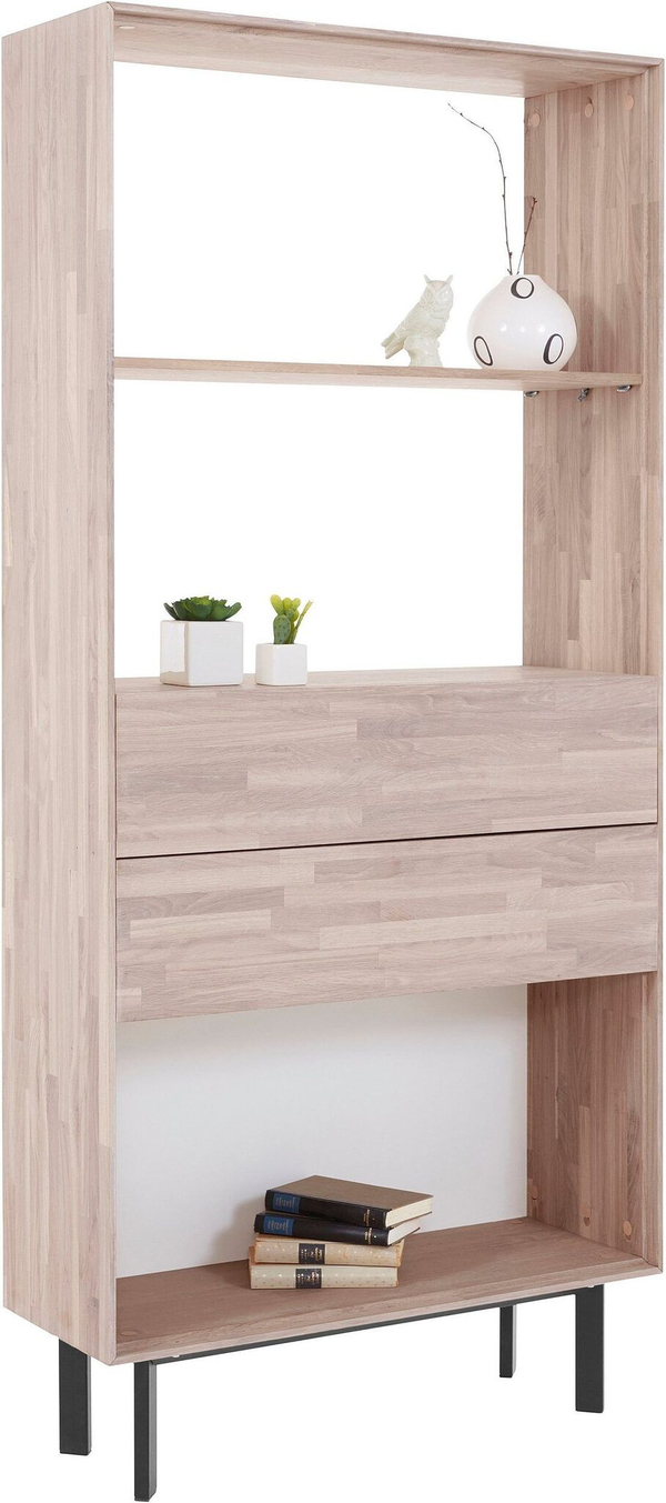 Дизайнерский книжный шкаф 2 ящика Виби 186х86х31 из дуба в стиле лофт, на металлических ножках