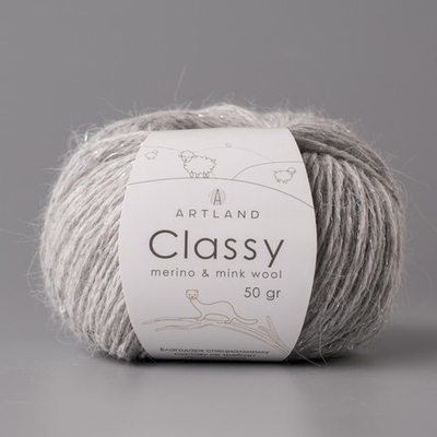 Classy, пряжа с люрексом и пайетками, шелк-5%, мериносовая шерсть-20%, нейлон-30%, норка-45%, 50 гр, 240 м, серый меланж