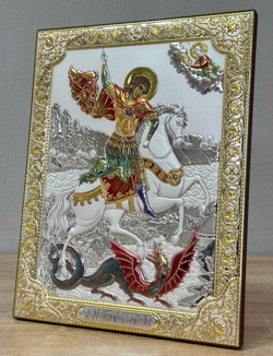 Георгий Победоносец, икона прямоугольная без рамки, красное дерево, эмаль 175х225