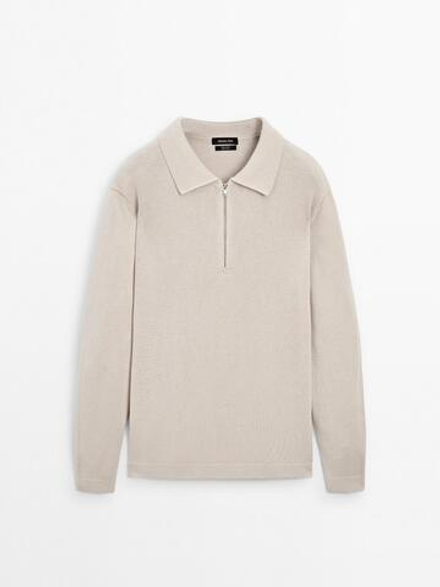 Massimo Dutti Трикотажный свитер с воротником поло на молнии, бежевый