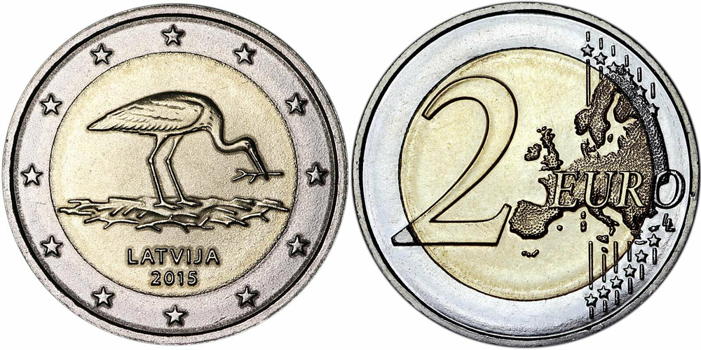 Латвия 2 евро, 2015 Вымирающие виды - Чёрный аист UNC