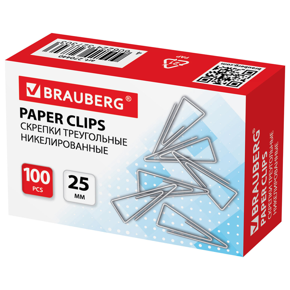 Скрепки BRAUBERG 25 мм никелированные треугольные 100 шт. в картонной коробке (30 штук в упаковке)