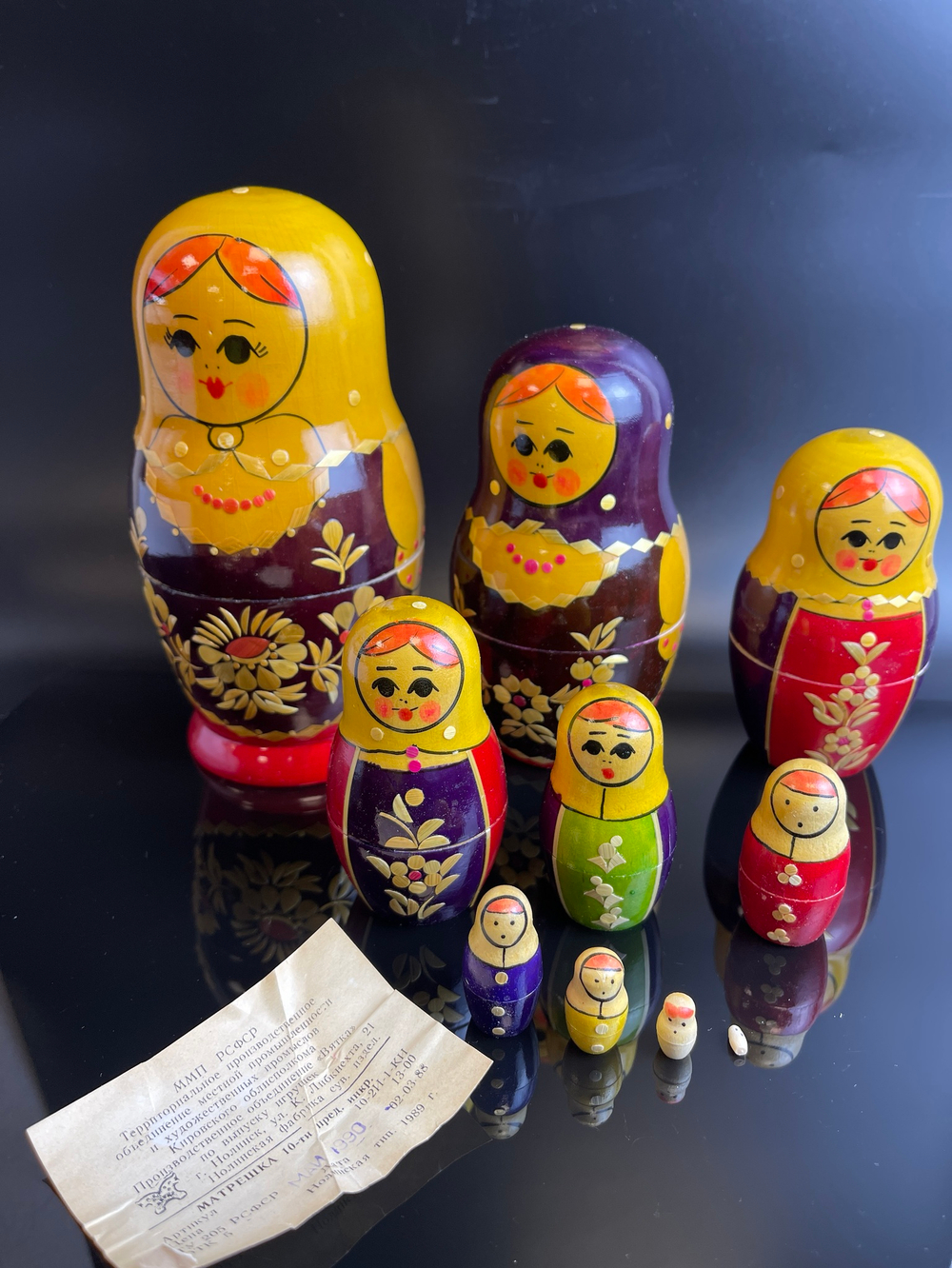 Матрешка полный набор из 10 предметов , с этикеткой, 18 см, дерево, узоры, ручная роспись, лакировка, винтаж, 1989 год