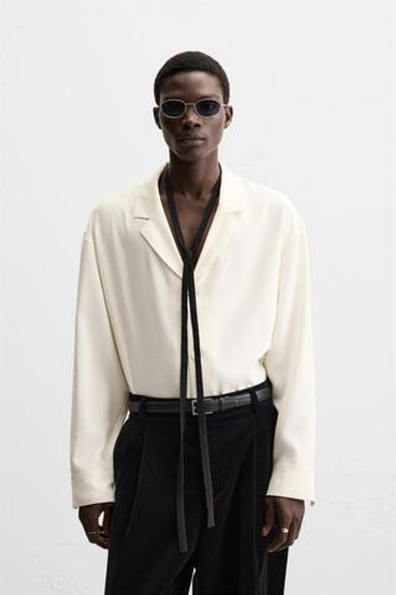 ZARA РУБАШКА СТРУЯЩЕГОСЯ ПОКРОЯ, ЖЕЛТОВАТО-БЕЛЫЙ