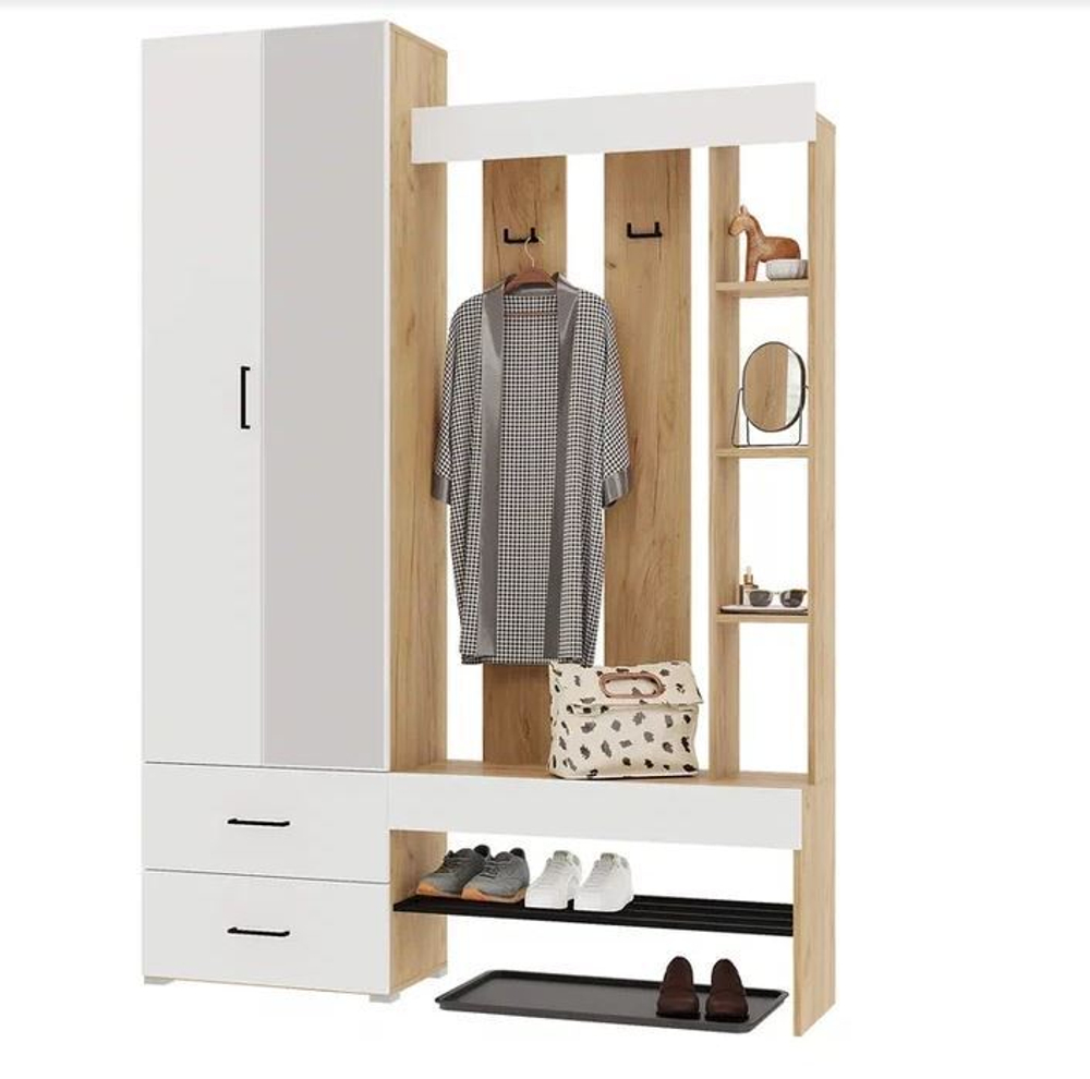 Прихожая Горизонт "Домино", ЛДСП, белая/золотая, с зеркалом и тумбой, 150 см х 211,6 см х 35 см