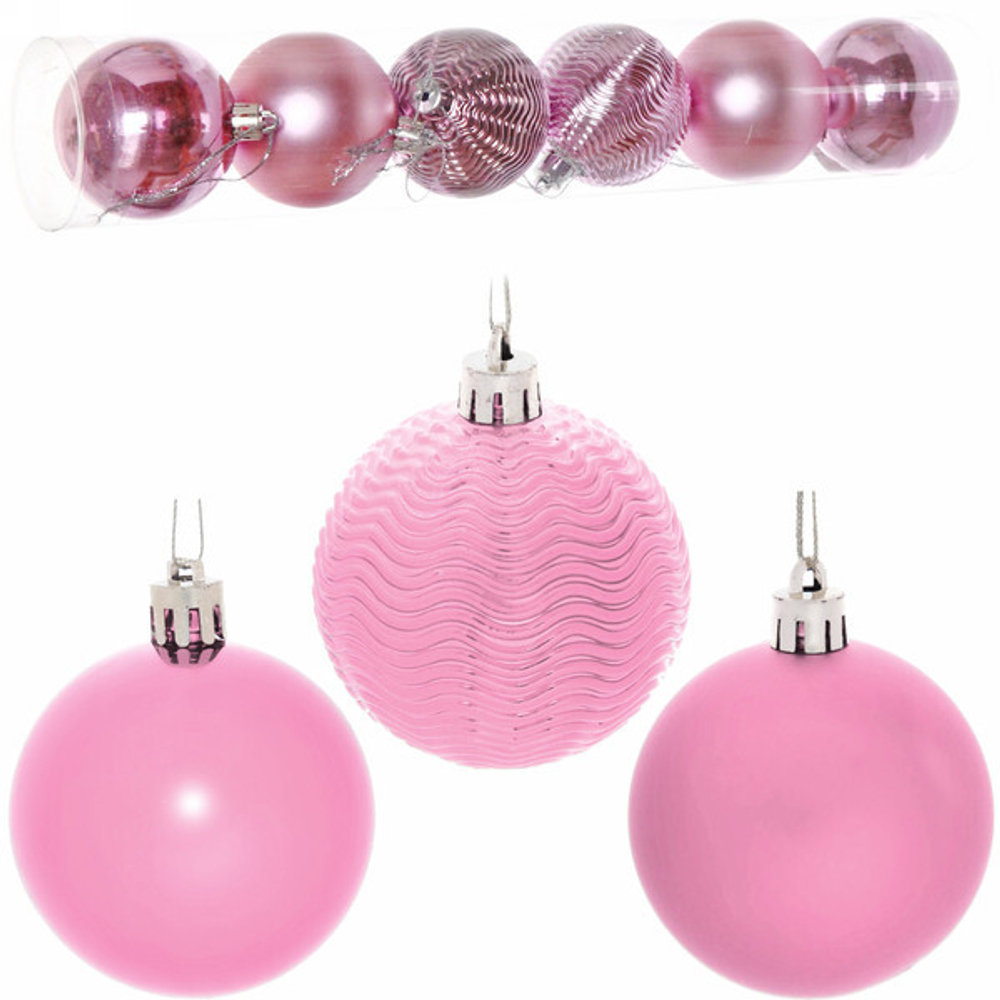Новогодние шары 6 см (набор 6 шт) «Микс фактур», розовый