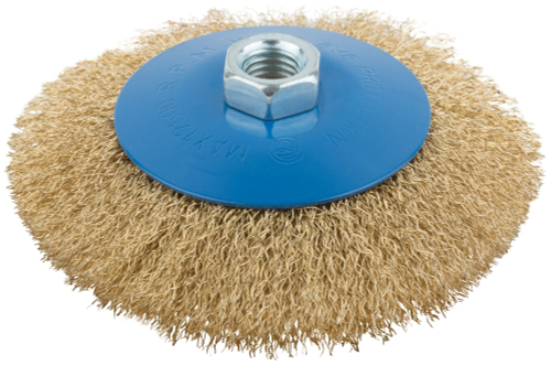 Корщетка, тип "колесо" с наклоном, гайка М14, стальная волнистая латунированная проволока 125 мм 38928М