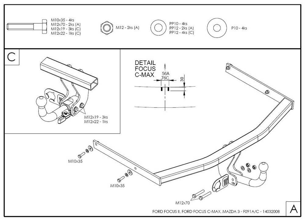 Фаркоп оцинкованный Galia F091A для Ford Focus хетчбек 2004-2011, 2011-, Ford C-MAX 2003-2011, 2011-(паспорт и сертификат в комплекте)(без электрики)