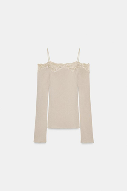 ZARA КОМБИНИРОВАННЫЙ ТОП С ОТКРЫТЫМИ ПЛЕЧАМИ, СВЕТЛО-БЕЖЕВЫЙ