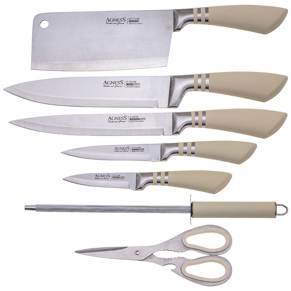 НАБОР НОЖЕЙ AGNESS С НОЖНИЦАМИ И МУСАТОМ НА ПЛАСТИКОВОЙ ПОДСТАВКЕ, 8 ПРЕДМЕТОВ (КОР=6НАБОР.)