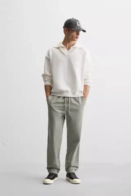 ZARA БРЮКИ ИЗ ХЛОПКА И ЛЬНА, СВЕТЛЫЙ ХАКИ