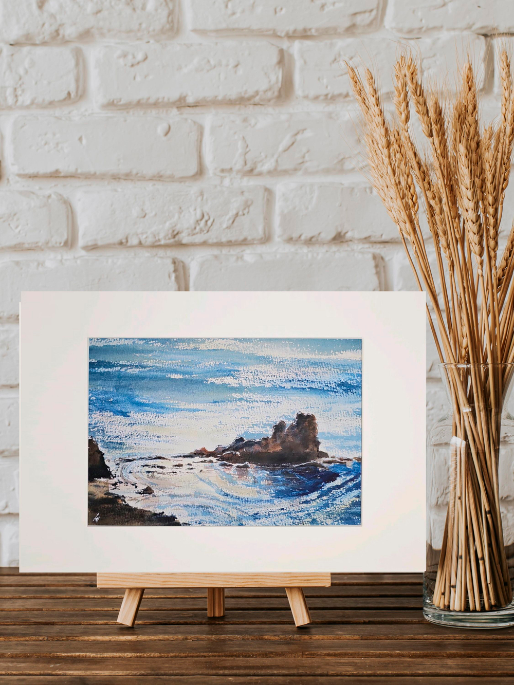 Картина авторская акварельная в паспарту 21х30 см на стену для интерьера "Прибрежные скалы"