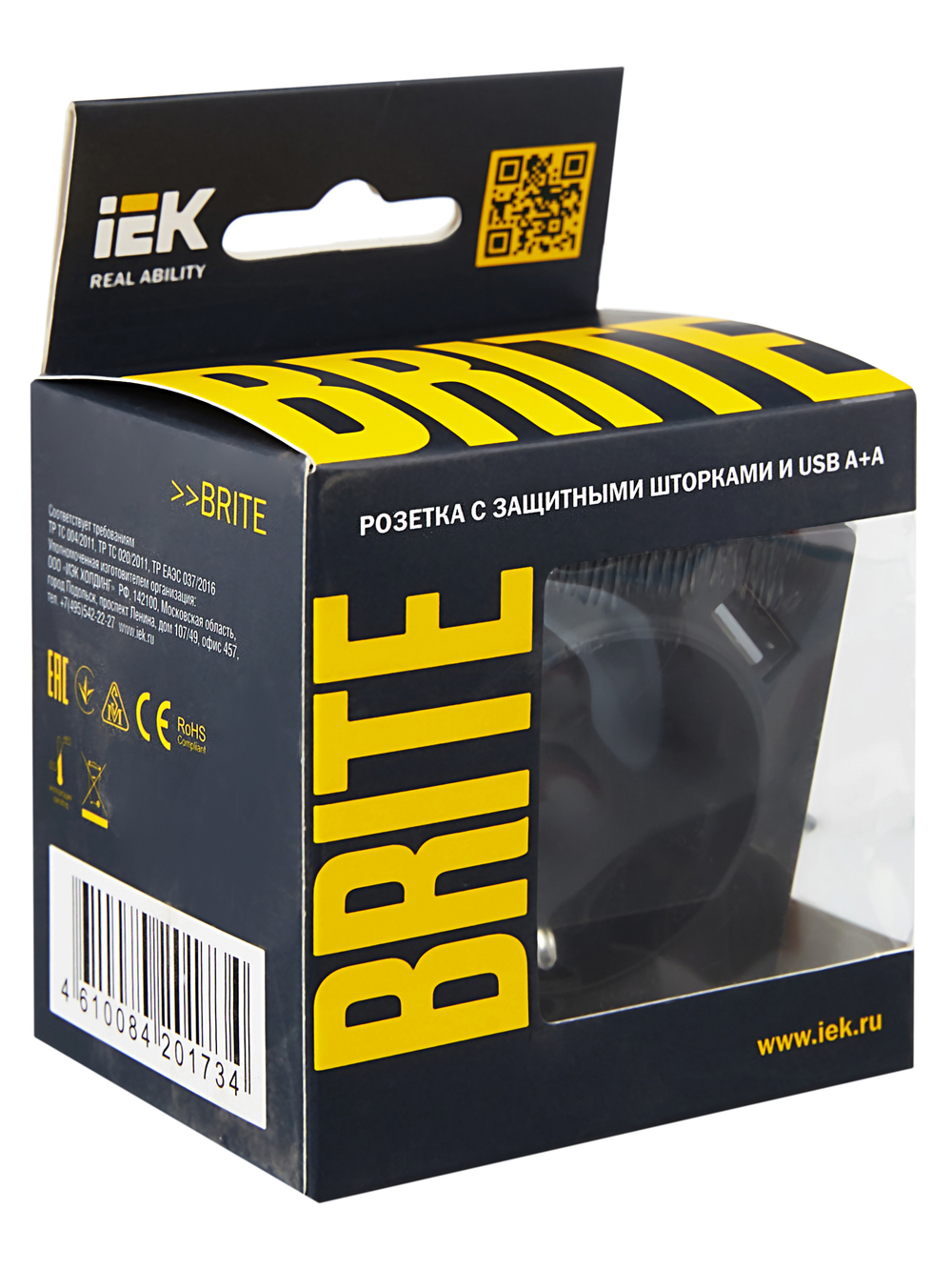 BRITE Розетка 1-местная с заземлением с защитными шторками 16А с USB A+A 5В 2,1А РЮш10-1-БрГ графит IEK
