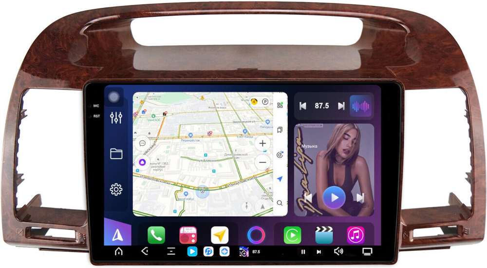Магнитола Toyota Camry 30 2001-2006 (рамка дерево 1) - FarCar GX3020M монитор 9.5" 2K QLED на Android 14, TS20, 6+128Гб, CarPlay, 4G SIM-слот