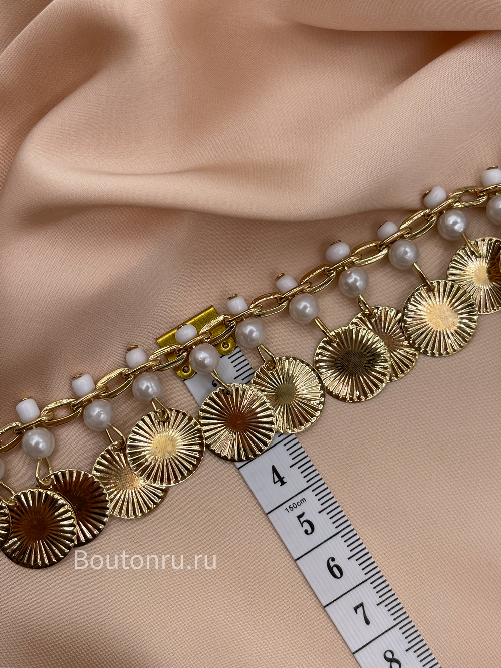 Цепь / бахрома золотистая металлическая декоративная (с монетами и жемчугом) монисты