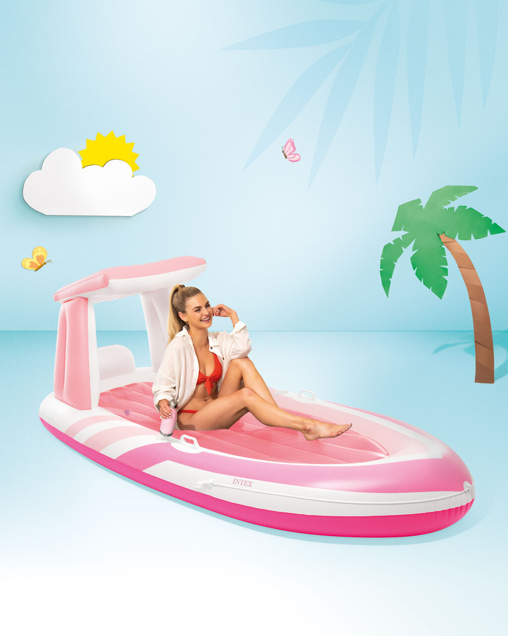 Надувной плот розовый "Фламинго" для плавания с ручками Intex 57558 142x137x97 см