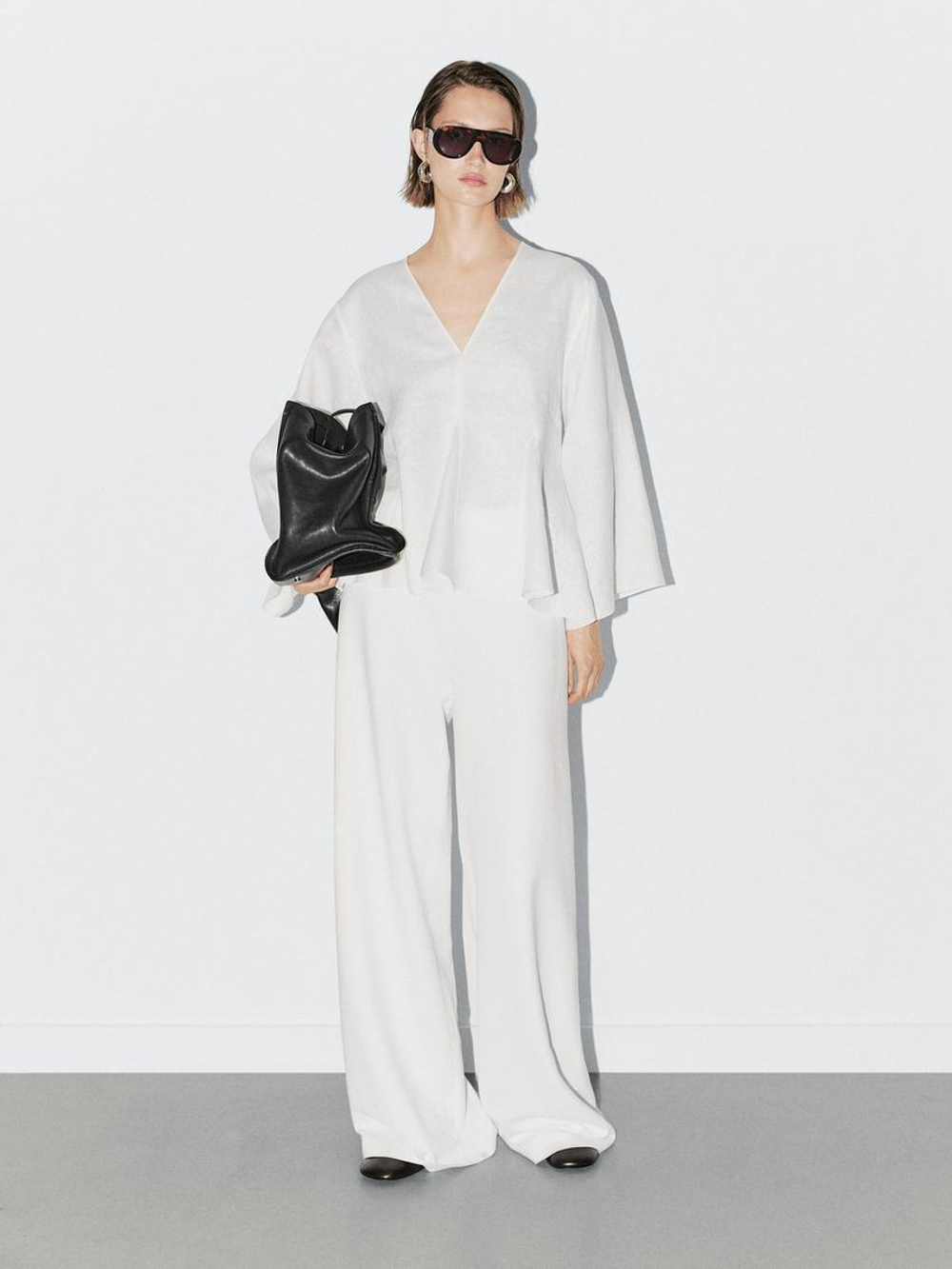 Massimo Dutti Блузка из 100% льна с деталями годе - STUDIO, белый