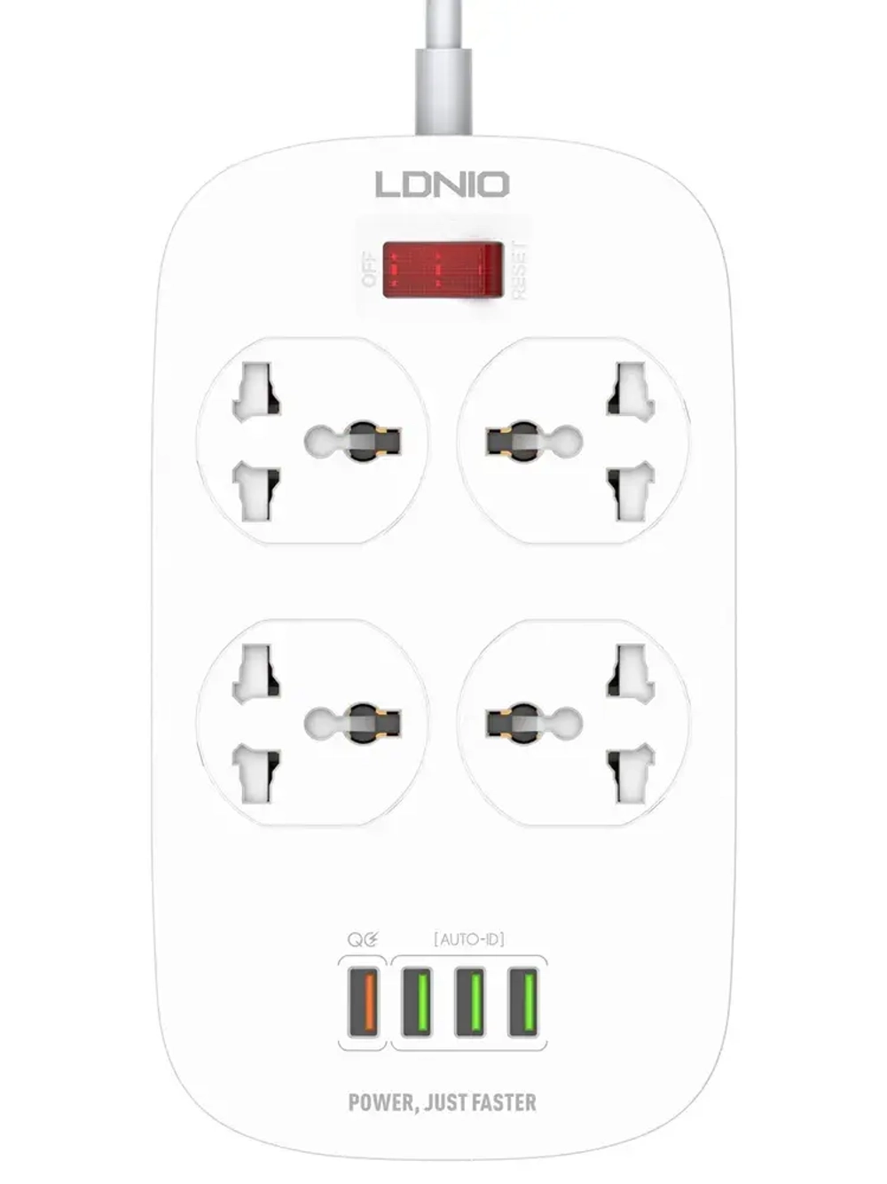 LDNIO cетевой фильтр с умной зарядкой, модель SC4407Q, 2 метра, 4 USB, тройник разветвитель с заземлением и выключателем, белый