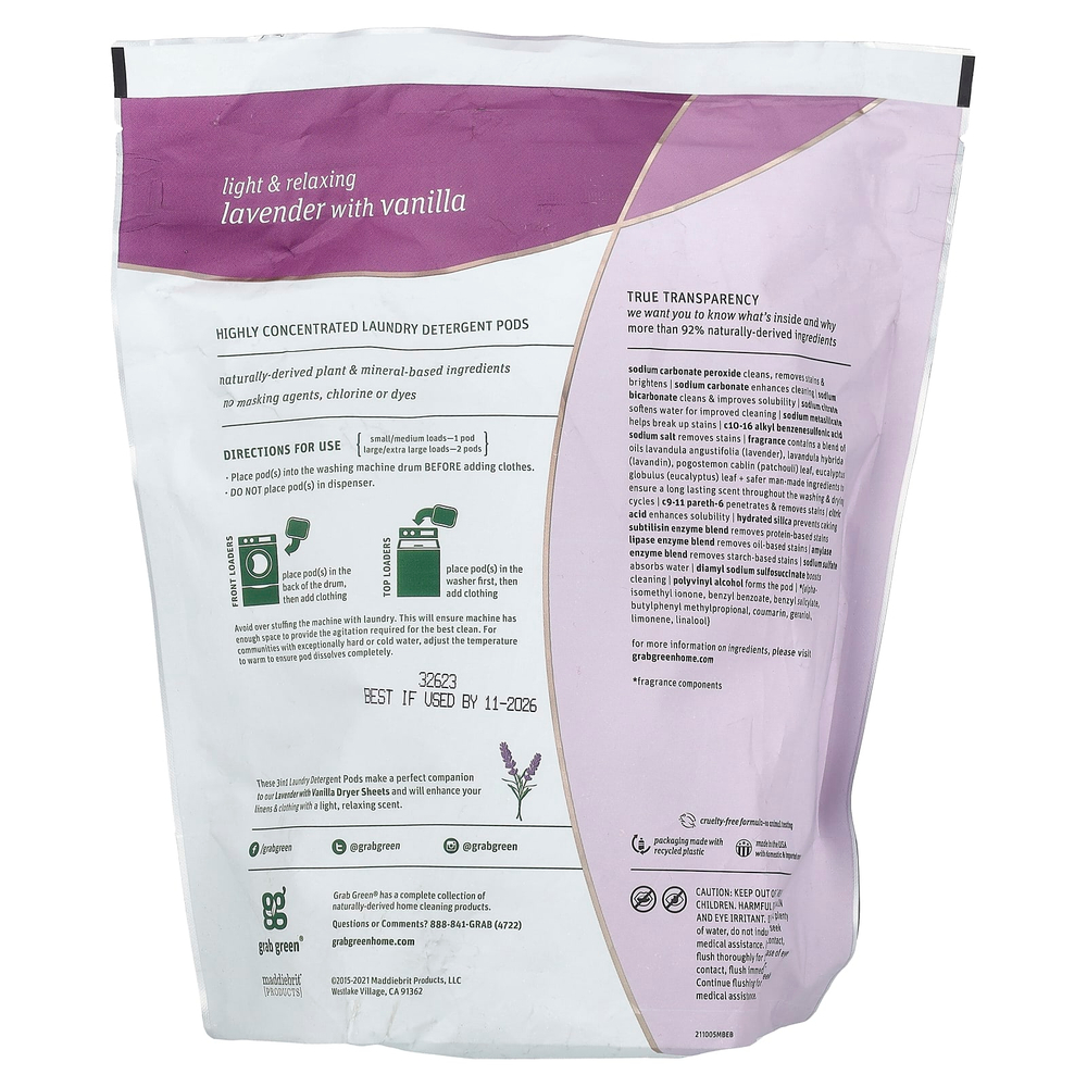 Grab Green, Капсулы со стиральным порошком 3-в-1, лаванда с ванилью, 60 стирок, 1080 г (2 фунта, 6 унций)