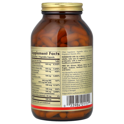 Solgar, B-Complex 100, витамины группы B, 250 растительных капсул