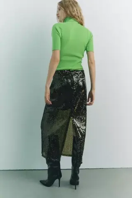 ZARA ТРИКОТАЖНЫЙ ТОП С ВЫСОКИМ ВОРОТНИКОМ, ЗЕЛЕНЫЙ