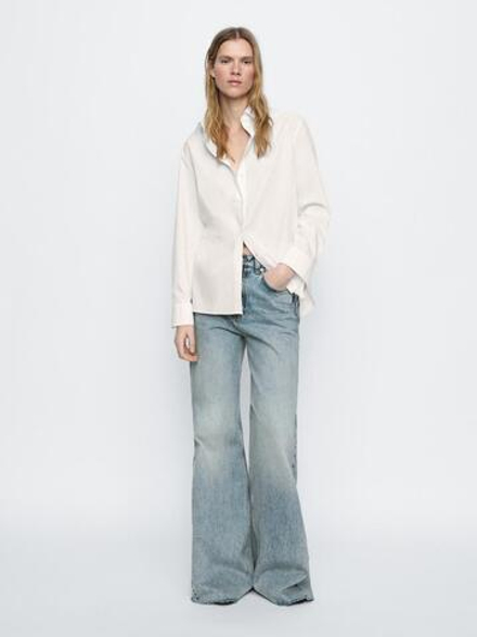 Massimo Dutti Расклешенные джинсы из хлопка с высокой посадкой, голубой
